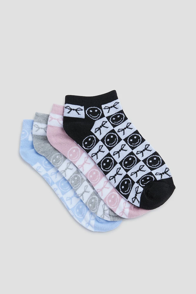 Ardene 4-Pack Bow & Smiley Face Ankle Socks | Polyester/Spandex