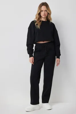Ardene Straight Leg Sweatpants in Black, Size, Polyester/Cotton, Fleece- Lined