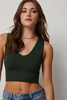 Ardene Basic Ultra Crop V-Neck Seamless Tank in Dark Green | Size Small | Nylon/Elastane | Eco-Conscious