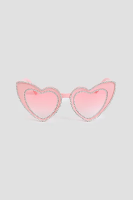 Ardene Heart Sunglasses with Rhinestones in Light Pink