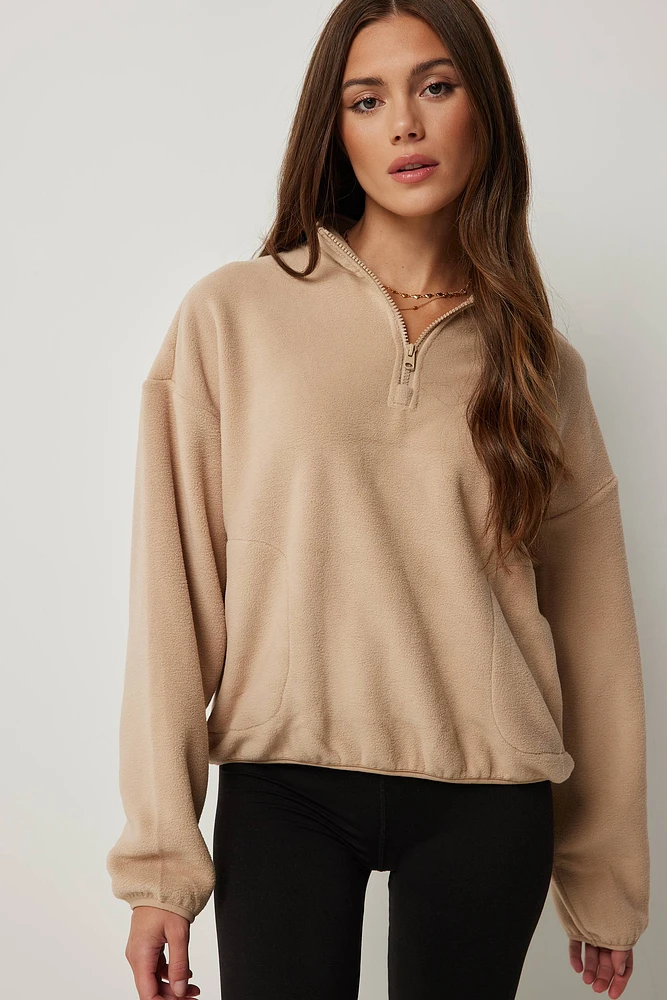 Ardene Polar Fleece 1/4 Zip Sweatshirt in Cognac | Size | 100% Recycled Polyester | Eco-Conscious