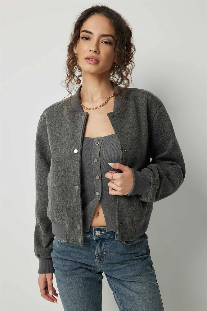 Ardene Crop Felt Bomber Jacket in Dark Grey | Size Large | Polyester