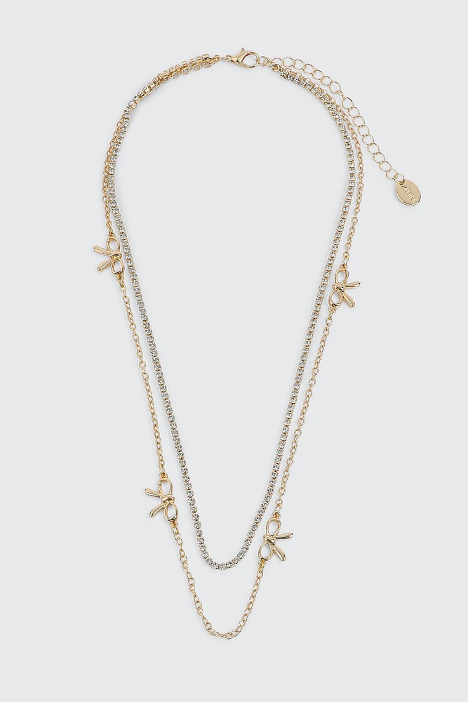 Ardene Two-Row Chain Necklace with Bow Charms in Gold