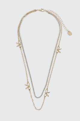 Ardene Two-Row Chain Necklace with Bow Charms in Gold