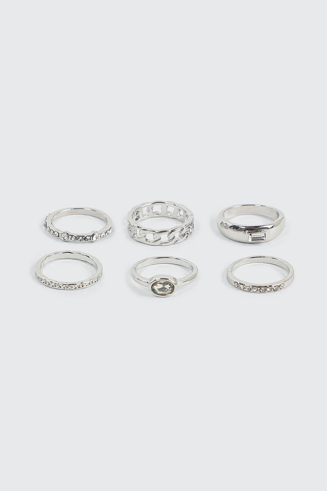 Ardene 6-Pack Stone & Chain Rings in Silver | Size