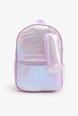Ardene Kids Metallic Backpack with Pencil Case for Kids in Lilac
