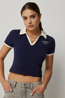 Ardene Crop Polo With Contrast Details in Dark Blue | Size | Cotton/Elastane