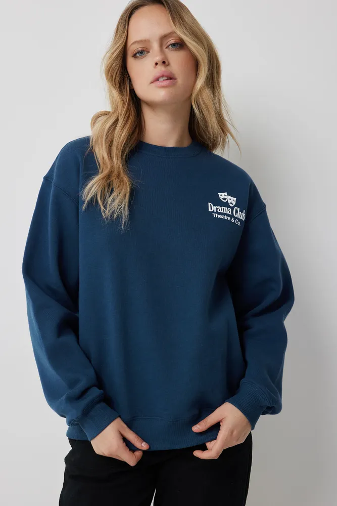 Ardene Graphic Crew Neck Sweatshirt in Dark Blue | Size | Polyester/Cotton | Fleece-Lined