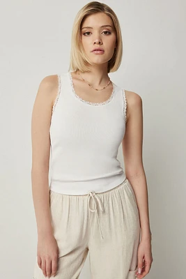 Ardene Lace Trim Tank Top in White | Size | Cotton/Elastane