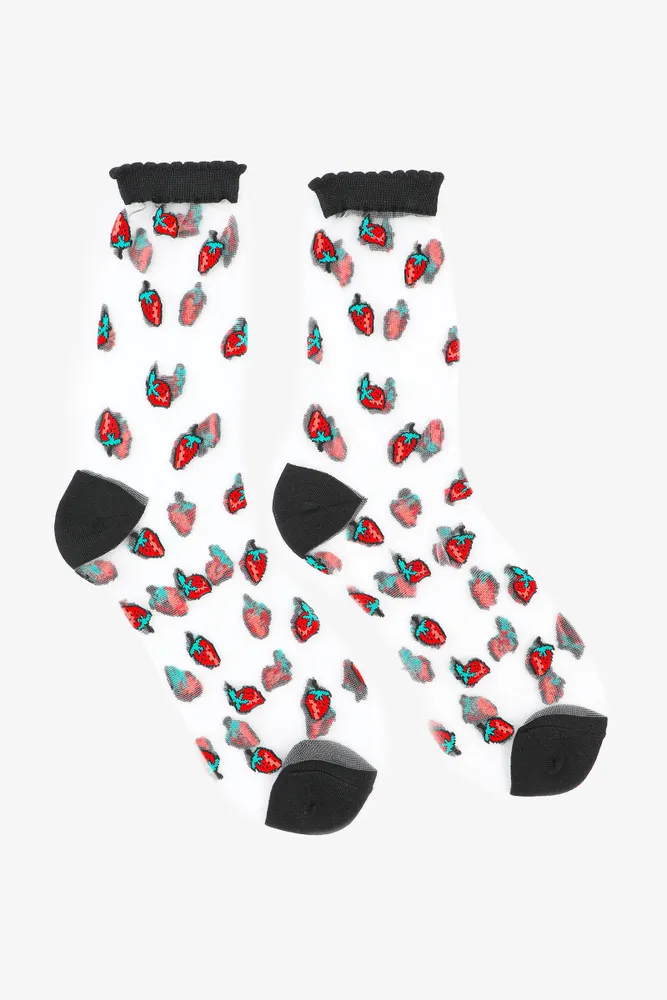 Ardene Strawberry Print Sheer Socks, Polyester/Spandex