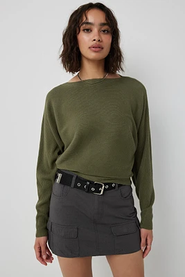 Ardene Horizontal Rib Dolman Sweater in Khaki | Size | Polyester/Rayon/Nylon