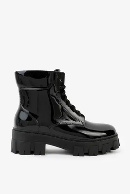 Ardene Lug Sole Lace Up Rain Boots in Black | Size | Rubber