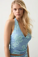 Ardene Crop Floral Mesh Halter Top in Light Blue | Size | Polyester/Spandex