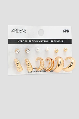 Ardene 6-Pack of Assorted Stud & Hoop Earrings in Gold | Stainless Steel