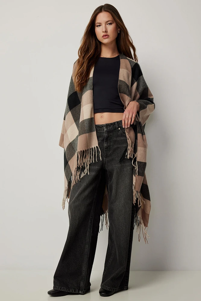 Ardene Checkered Shawl with Fringes in Beige | Polyester