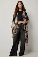 Ardene Checkered Shawl with Fringes in Beige | Polyester