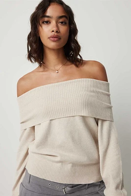 Ardene Fold Over Off Shoulder Sweater in Beige | Size | Polyester/Spandex