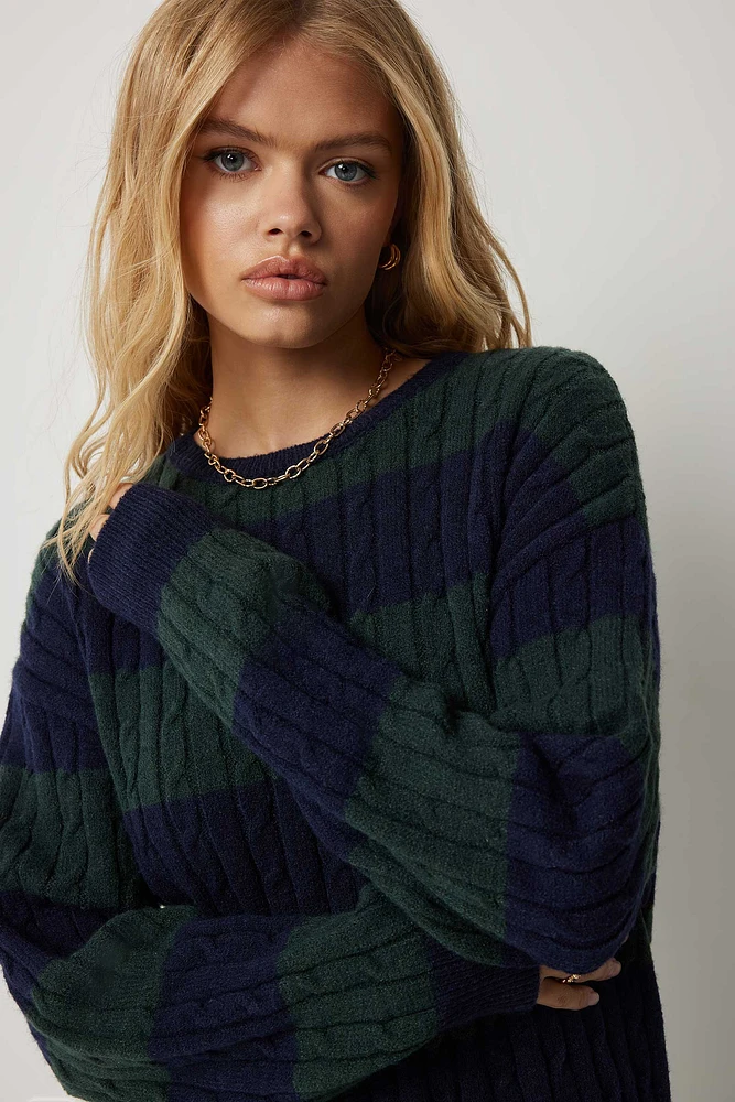 Ardene Striped Cable Knit Sweater in Dark Green | Size | Polyester/Nylon