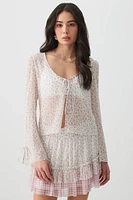 Ardene Floral Tie Front Sheer Cardigan in White | Size | Polyester