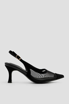 Ardene Mesh Slingback Pumps in Black | Size | Faux Leather/Faux Suede