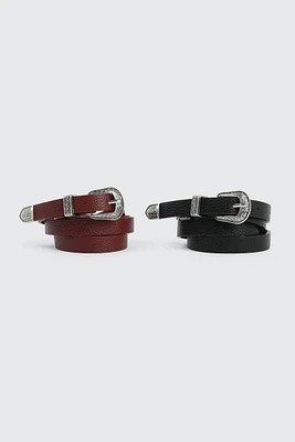 Ardene 2-Pack Black & Brown Western Belts in Burgundy | Size | Faux Leather