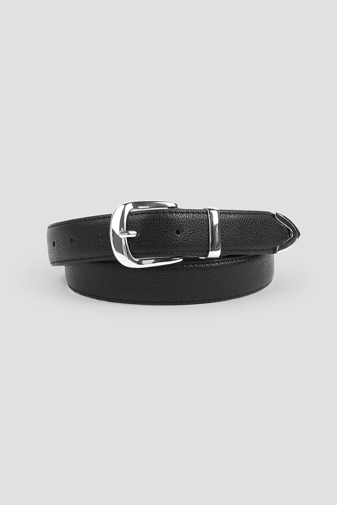 Ardene Silver Tone Buckle Belt in Black | Size | Faux Leather