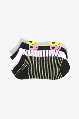 Ardene Pack of Smiley Face & Stripe Ankle Socks in Black | Polyester/Spandex