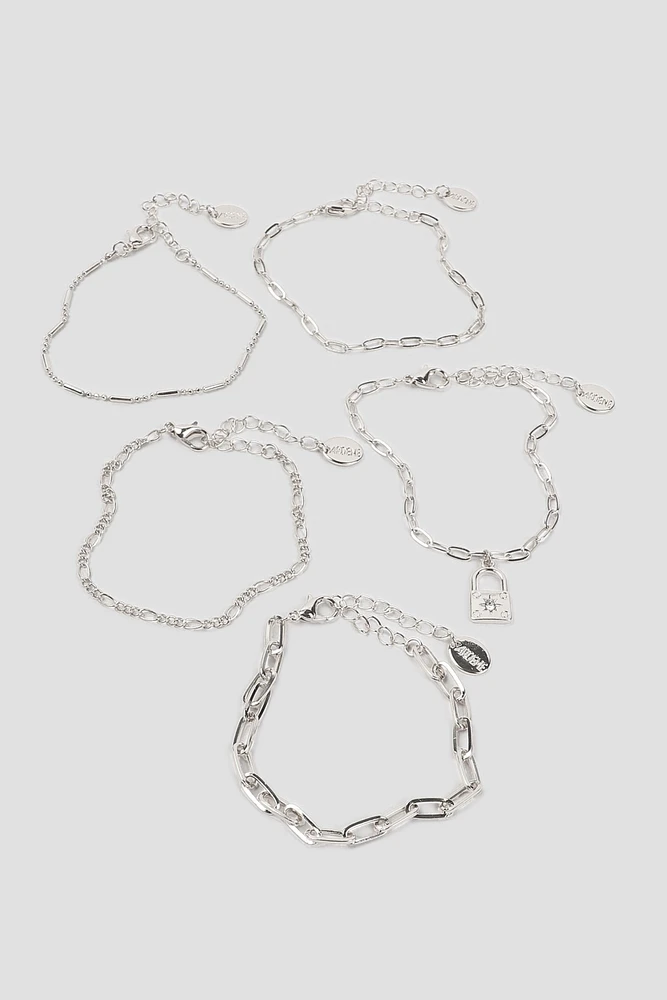 Ardene 5-Pack of Chain Bracelets with Padlock Charm in Silver