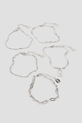 Ardene 5-Pack of Chain Bracelets with Padlock Charm in Silver