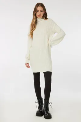 Ardene Cable Knit Turtleneck Sweater Dress in White | Size | Polyester/Nylon/Elastane