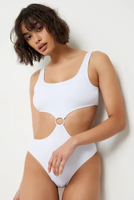 Ardene O-Ring Cutout One-Piece Swimsuit in White | Size | Polyester/Spandex/Polyamide | Microfiber