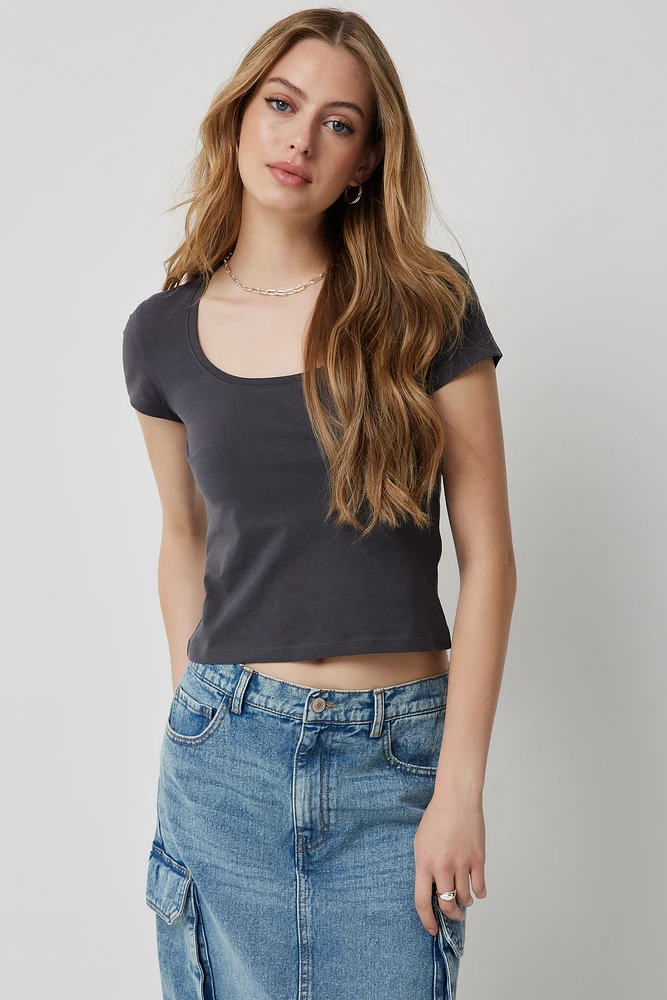 Ardene Basic Scoop Neck Fitted T-Shirt in Grey | Size | Cotton/Elastane | Eco-Conscious