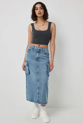 Ardene Cargo Denim Maxi Skirt in Medium Blue | Size | 100% Cotton