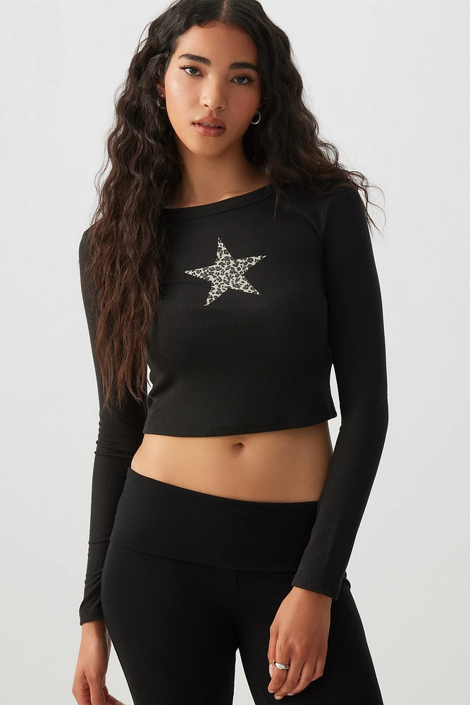 Ardene Ultra Crop Graphic Long Sleeve T-Shirt in | Size | Polyester/Elastane | Eco-Conscious