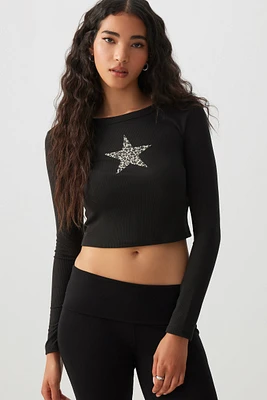 Ardene Ultra Crop Graphic Long Sleeve T-Shirt in | Size | Polyester/Elastane | Eco-Conscious