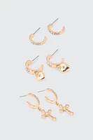 Ardene 3-Pack Heart & Cross Hoop Earrings in Gold | Stainless Steel