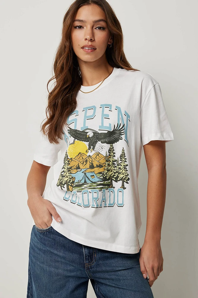 Ardene Oversized Colorado Graphic T-shirt in White | Size | 100% Cotton