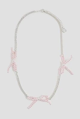 Ardene Pink Pearl Bow Necklace in Silver