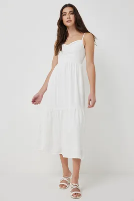 Ardene Linen Blend Midi Dress with Front Shirring Detail in White | Size | Viscose