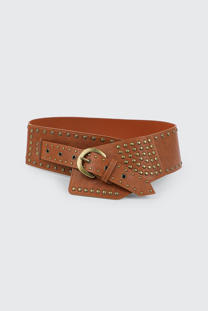 Ardene Asymmetrical Studded Corset Belt in Cognac | Size | Faux Leather