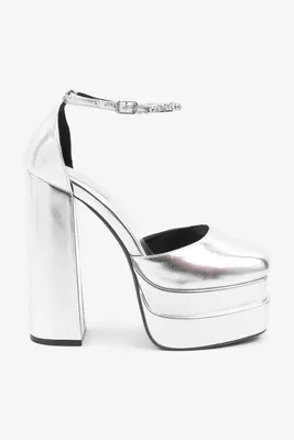 Ardene A.C.W. Platform Block Heel Shoes in Silver | Size | Faux Leather