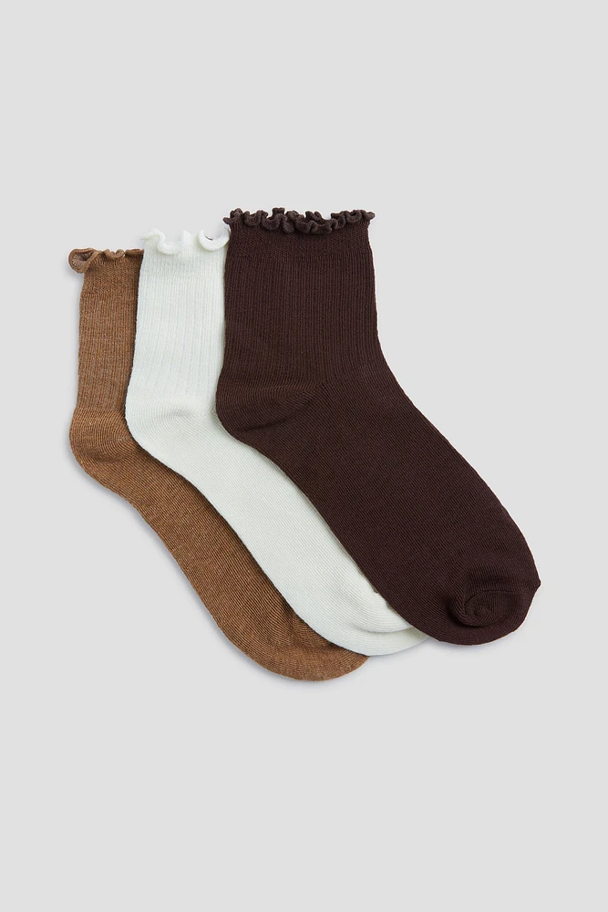 Ardene 3-Pack Ruffled Edge Demi Crew Socks in Brown | Polyester/Spandex