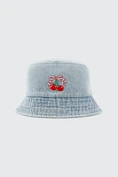 Ardene Denim Bucket Hat with Cherry Embroidery in Light Blue | Cotton