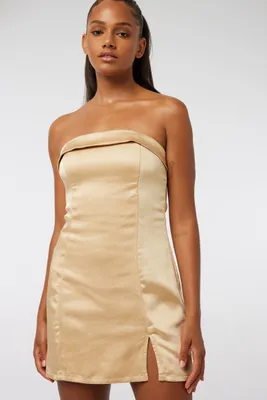Ardene A.C.W. Micro Satin Tube Dress in Gold | Size | Polyester