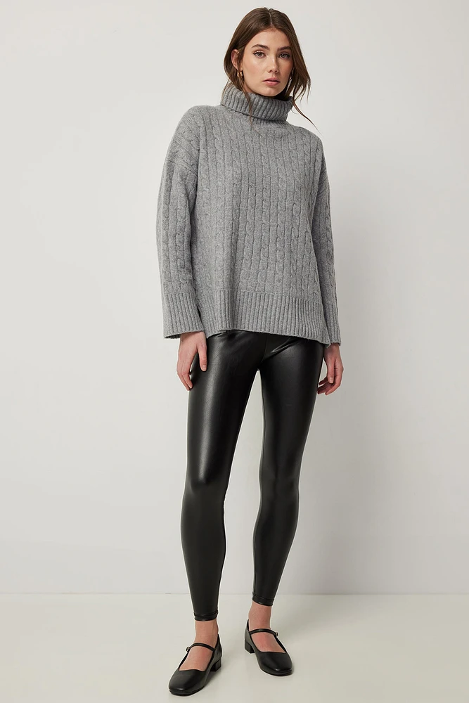 Ardene Black Faux Leather Leggings with Folded Waistband | Size