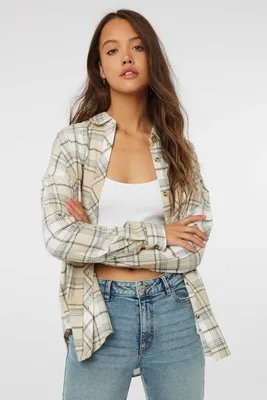 Ardene Long Flannel Plaid Shirt in Beige | Size | 100% Cotton