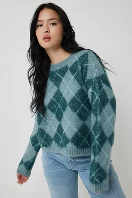 Ardene Fuzzy Jacquard Sweater in Dark Green | Size Small | Polyester/Spandex