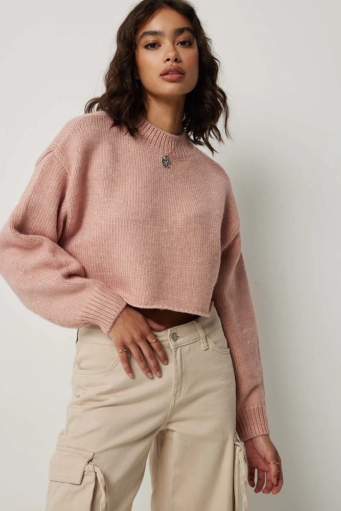 Ardene Ultra Crop Crew Neck Sweater in Light Pink | Size Medium | Polyester