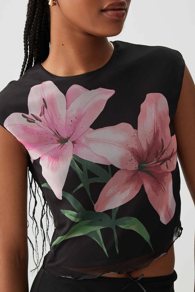 Ardene Hibiscus Mesh Top in Black | Size | Polyester/Spandex