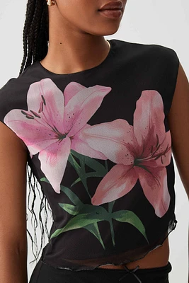 Ardene Hibiscus Mesh Top in Black | Size | Polyester/Spandex